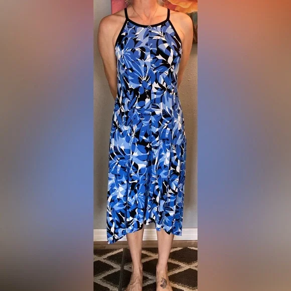 chinese dress ladies London Times Women's Dresses Smocked Back Babydoll Tiered Maxi Dress Blue  Multi at Amazon Women's Clothing store main image 1